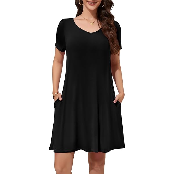 chinese dress ladies LONGYUAN Womens Casual Short Sleeve Dresses Loose Comfy Swing Sundress with  Pockets Black Small at Amazon Women's Clothing store