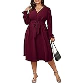 SCOMCHIC Womens Plus Size Wedding Guest Cocktail Midi Dress Winter Long Sleeve Wrap V Neck Belted A-Line Flowy Party Dress