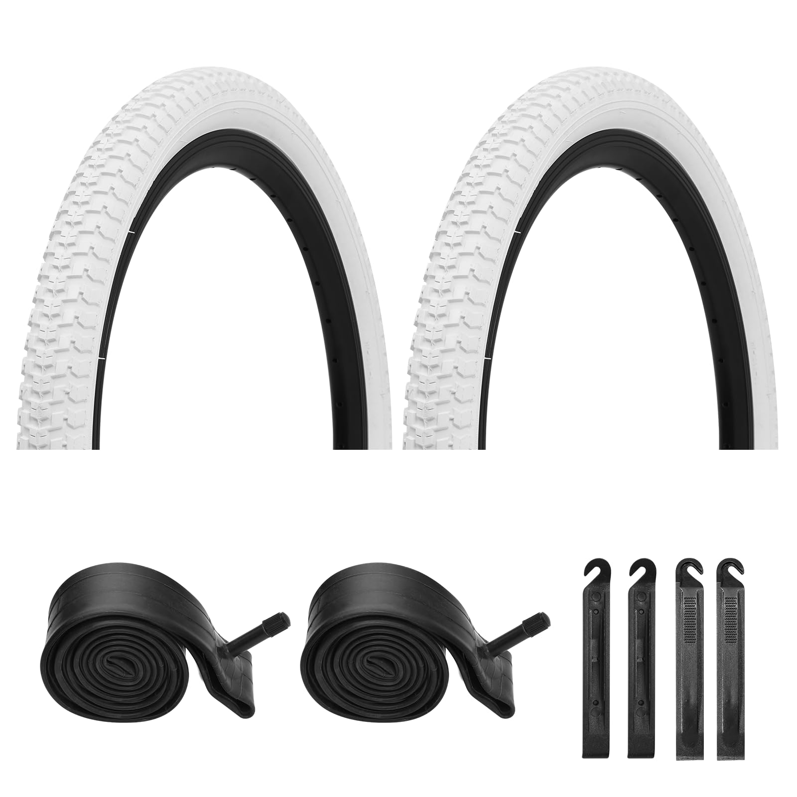 Photo 1 of Bike Tires 12.5"/14"/16"/18"/20"x2.125" for Kids Bike, 2PCS Folding Replacement Bike Tire and 2PCS Bike Tubes 12.5/14/16/18/20 x 1.75-2.125 Inch Fits Most Kids Bikes, with 4PCS Tire Levers, White