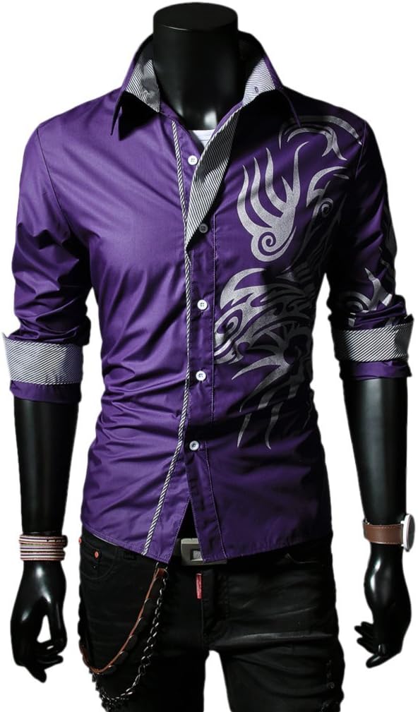 Angcoco Mens Long Sleeve Stylish Dragon Tattoo Design Slim Fit Casual Shirts