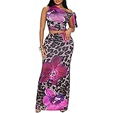 Women's Sexy 2 Piece Maxi Skirt Set Floral Print Sleeveless Off Shoulder Top High Waist Skirt Outfits Party Dresses