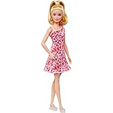 Barbie Fashionistas Doll #205 with Blonde Ponytail Wearing Removable Pink &amp; Red Floral Dress, Platform Sandals &amp; Hoop Earrings