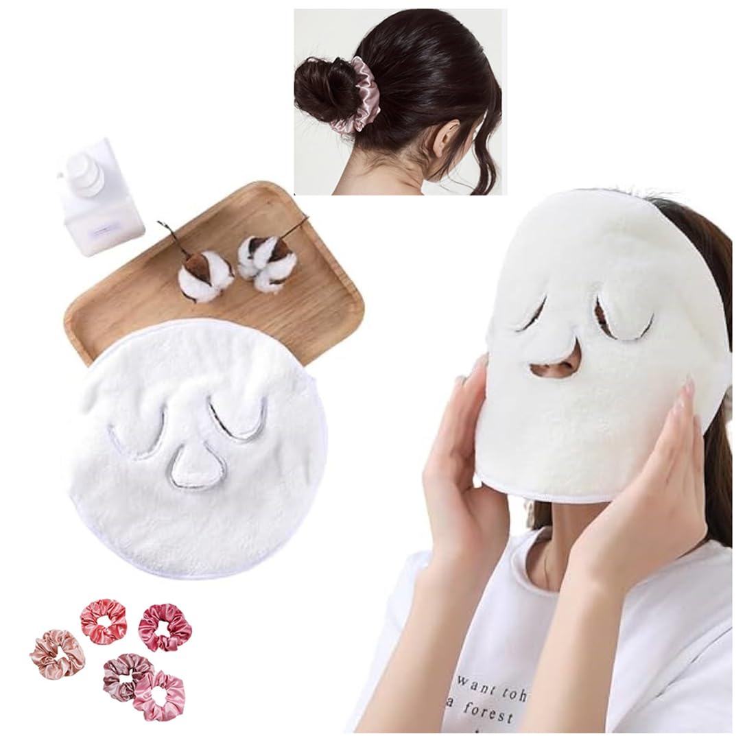 HK Online 1 x HOT COMPRESS Face Towel Mask & PK2 SATIN PINK HAIR Scrunchies -FACIAL SPA Towelling Mask, FACIAL STEAMING Mask, HOT & COLD Compress Facial Towel Mask (Towel & 2 SCRUNCHIES)