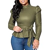 SEMATOMALA Women's Faux Leather Puff Sleeve Self Tie Waist Peplum Top PU Pleather Mock Neck Slim Fit Ruffle Knot Blouse Shirt