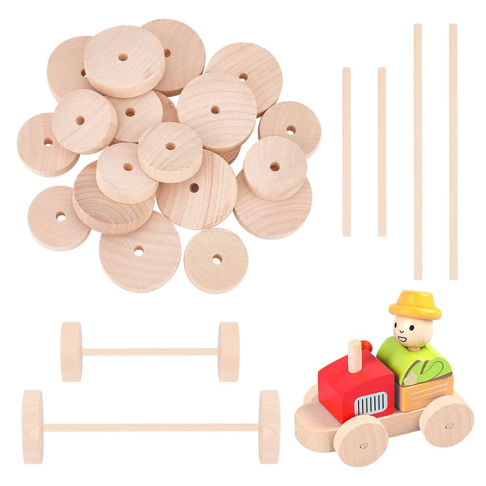 OLYCRAFT 20Pcs Wood Wheels and 20pcs Sticks Unfinshed Wooden Wheel with Wooden Sticks Wood Craft Wheels Tires with 5mm Holes for DIY Model Cars Crafting Projects - 46mm and 36mm