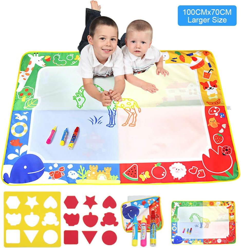 BelleStyle Water Doodle Mat, 4 Color Water Drawing Painting Pad with 2 Water Pens & 9 Molds, Mess Free Drawing Fun for Children ages 2+ Years Old, Kids Educational Toy Gift (L, 100cm x 70cm)