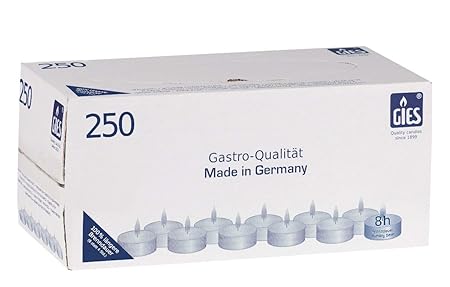 Gies 205-479000-10 Teelichte, Durchmesser 38 mm, in Metallhülsen, 8 Stunden Brenndauer, 250-er Karton, weiß
