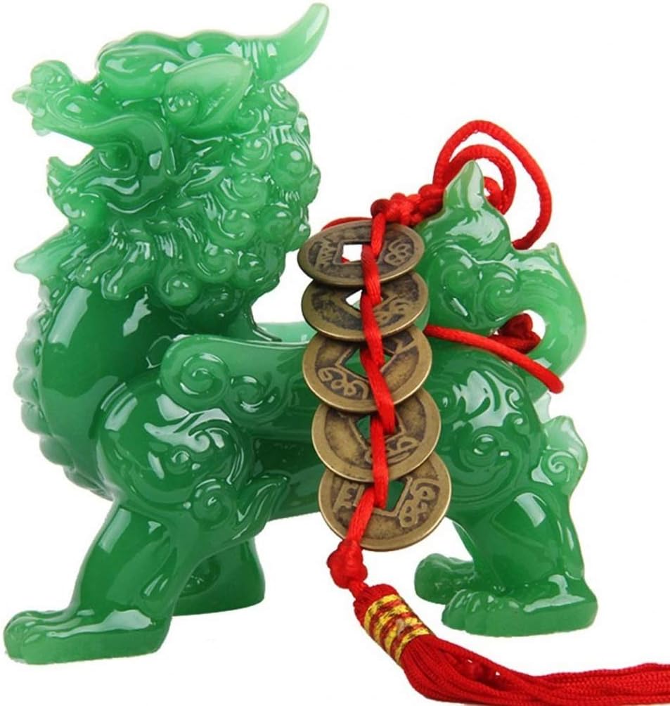 Feng Shui Statue/Feng Shui ornaments Feng Shui Green Pi Yao / Pi Xiu Wealth Porsperity Statue + 5 Lucky Charms Ancient Coins Feng Shui Decoration On Red Rope Wealth Lucky Figurine/Garden Statue