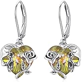 Rose Skull Earrings S925 Sterling Silver Heart Crystal Birthstone Dangle Drop Earrings Hypoallergenic Gothic Skull Leverback JJewelry Gift for Mom Daughter Wife