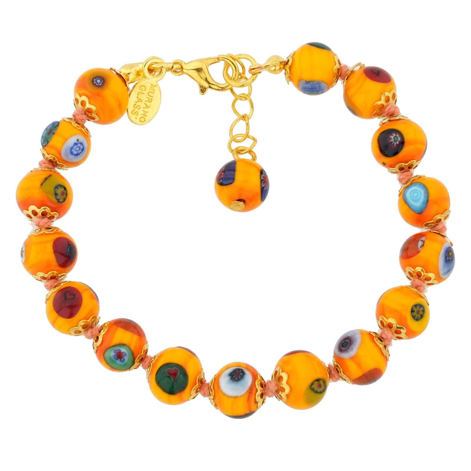 Glass Of Venice Murano Glass Bracelet Italian Millefiori Mosaic Beads - Orange with Extender Chain. Handmade Blown Glass - Murano Glass Bracelets for Women