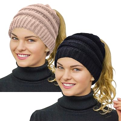 thumbnail image 2 of Bocianelli Womens High Messy Bun Beanie Hat With Ponytail Hole, Winter Warm Trendy Knit Ski Skull Cap 2 of 13