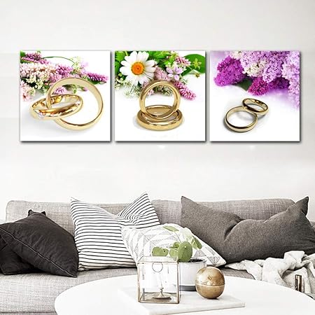 Oierw Peinture Murale Sans Cadre Fleurs Et Anneaux 3 Pieces Mural Art Photo Set Sur Toile Peinture A L Huile Pour La Chambre De Mariage Lit Chambre Decoration Amazon Fr Bricolage