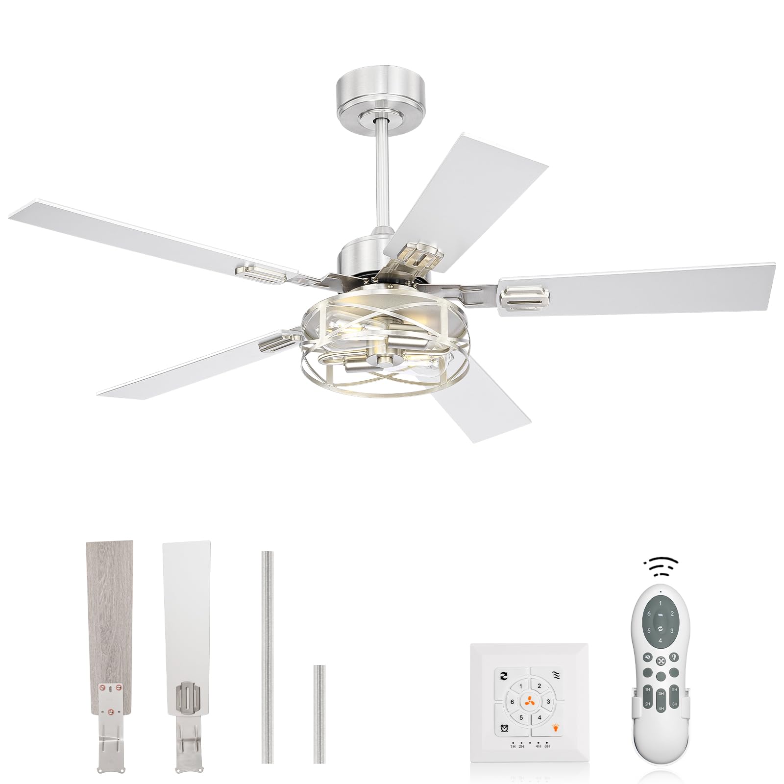 Photo 1 of YOUKAIN 48 Inch Ceiling Fans with Lights, Farmhouse Ceiling Fans with Wall Switch and Remote Control, 5-Reversible, Brushed Nickel Finish, Outdoor Ceiling Fan for Cover Patio, 48-YJ632-BNW-WS