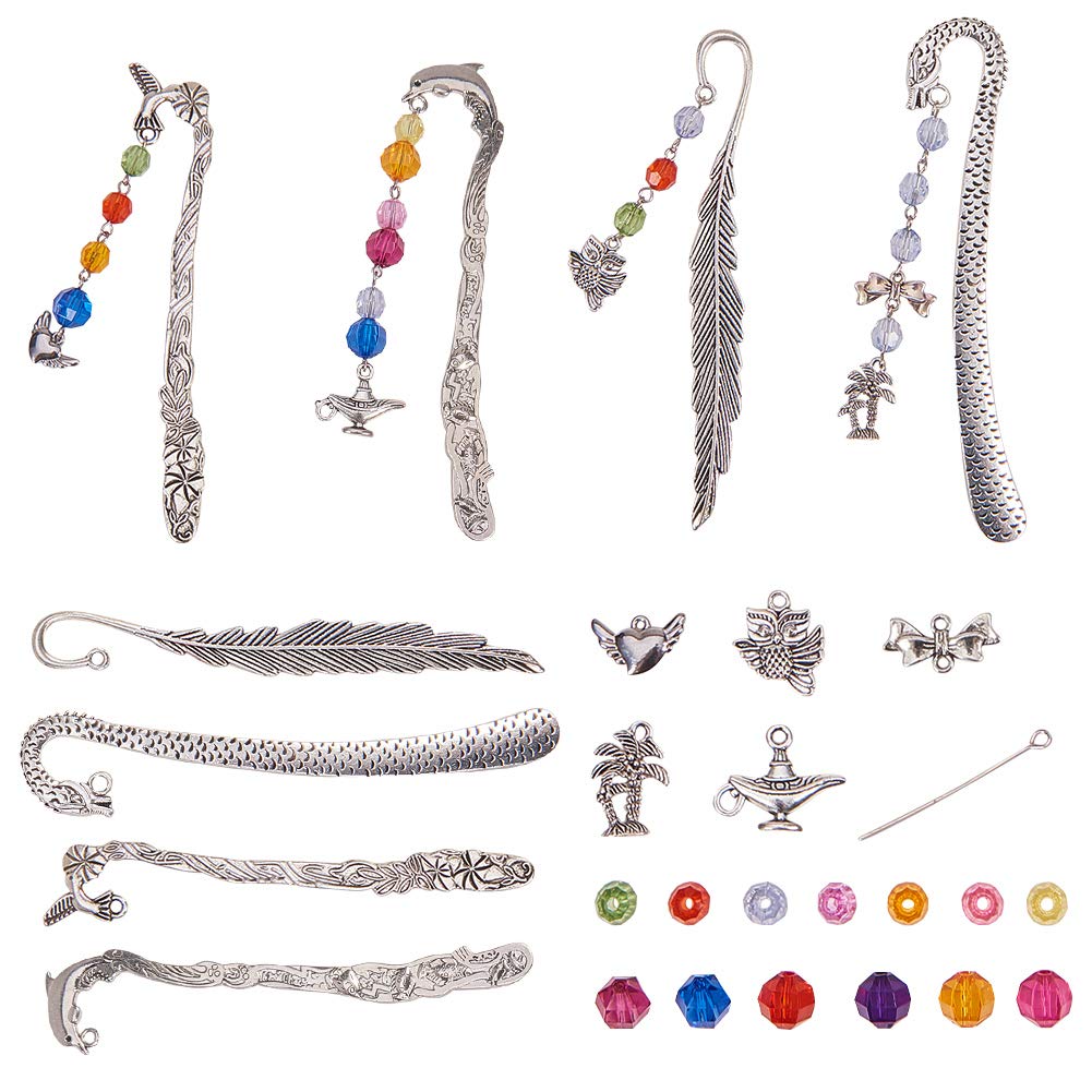 SUNNYCLUE DIY 4 Set Metal Hook Bookmarks Making Kit Include 4pcs Dolphin Leaf Dragon Bird Bookmark, Assorted Colorful Beads, Heart/Tree/Flagon/Owl Charm Pendants and Headpins, Antique Silver