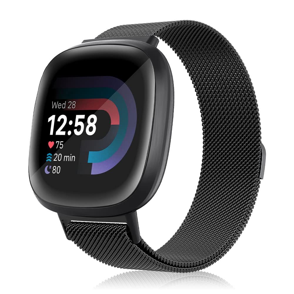 Niboow Strap Compatible with Fitbit Versa 3/Versa 4/Sense 2/Sense, Men Women Magnet Stainless Steel Metal Watch Bands Compatible with Fitbit Versa 3/Versa 4/Sense 2/Sense - Black