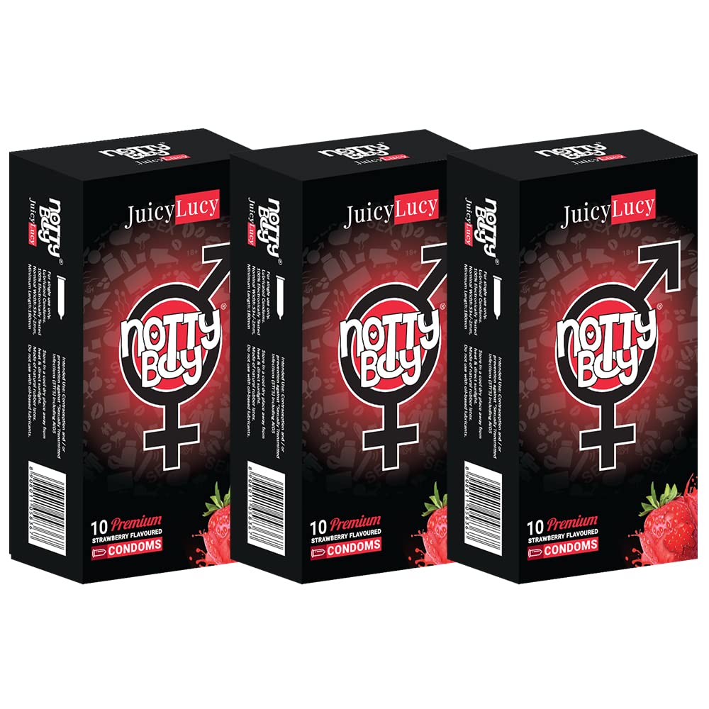NOTTY BOY Ultra Thin Strawberry Flavoured Condoms for Men – Pack of 30 | Natural Latex Condoms with Extra Smooth Lubrication