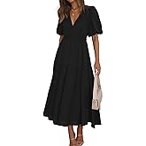 MessBebe Maxi Dress Puffy Sleeve V Neck High Waist A-Line Flowy Wrap Sun Wedding Guest Long Dresses for Women