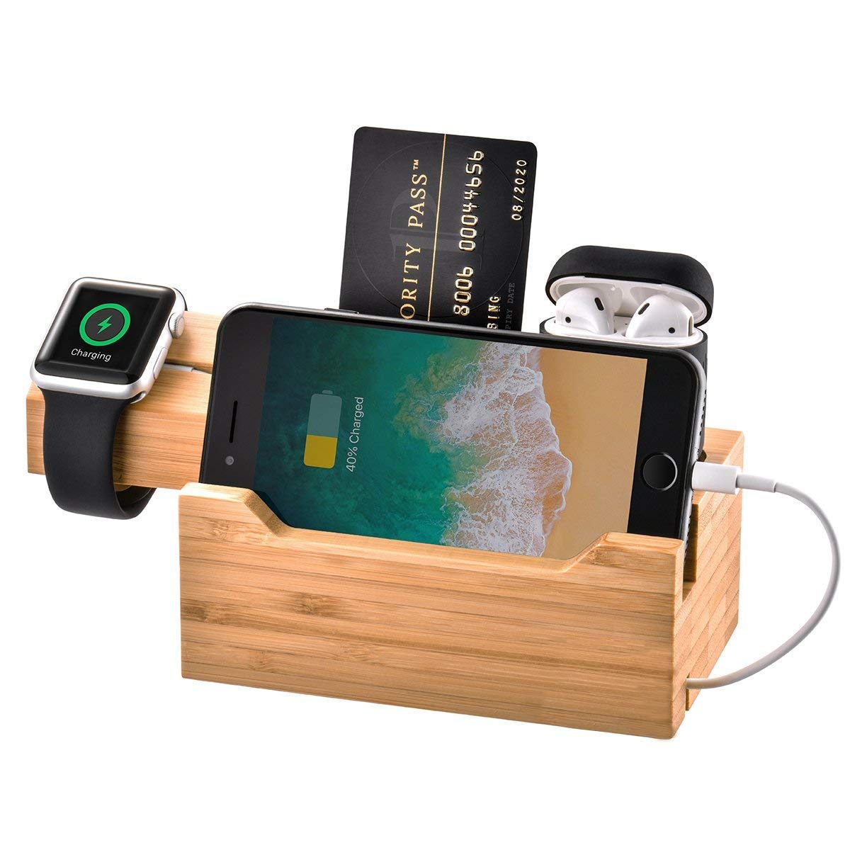 Bamboo Wood Multi-Device Desktop 3 USB HUB Charging Dock Station Charge Holder Cradle Charger Stand Compatible with iPhone 12 11 Pro Max XS XR 8 Plus Apple Watch 3 4 iWatch AirPods Samsung Smartphones