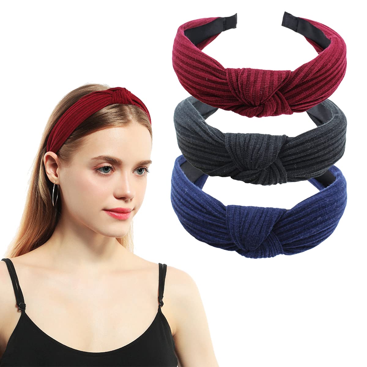 scicent 3 Pack Knot Headband Wide Plain Hairbands Fashion Turban Elastic Hair Band Hair Styling Accessories for Women Navy Black Dark Red 1801 — image 1