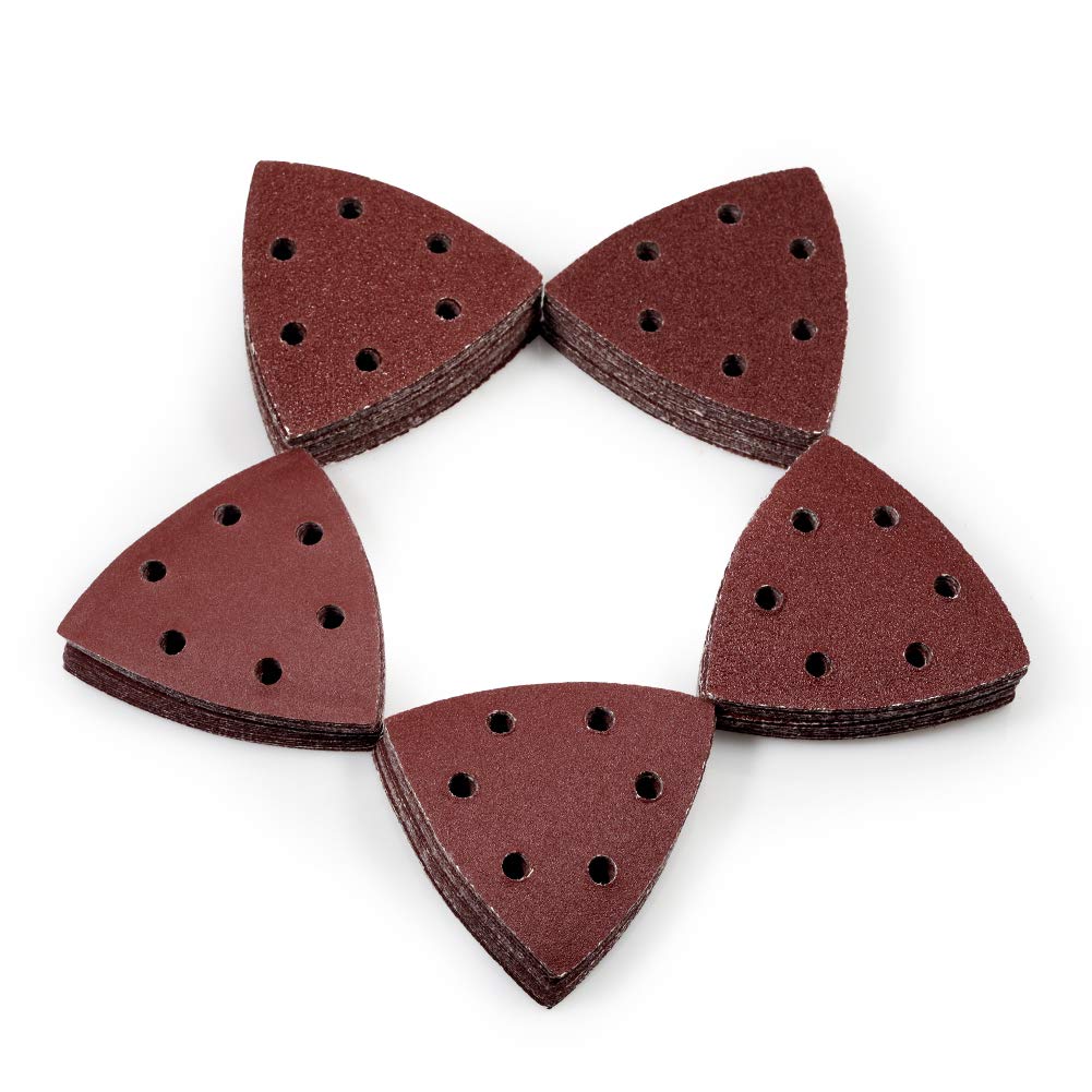 SPEEDWOX 100 Pcs 3-1/2 Inches 90mm Detail Sander Sandpaper Triangle Hook and Loop Sanding Pads Assorted 40/60/80/120/180/240 Grits Triangle Detail Oscillating Tools