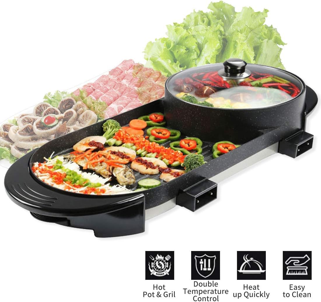 review Electric Grill 2 in 1 Electric Barbecue Pan Grill Indoor and Ourdoor Shabu Hot Pot with Barbecue Large Capacity Non-Stick Pan with 5 Temperature adjustments for Family Gatherings