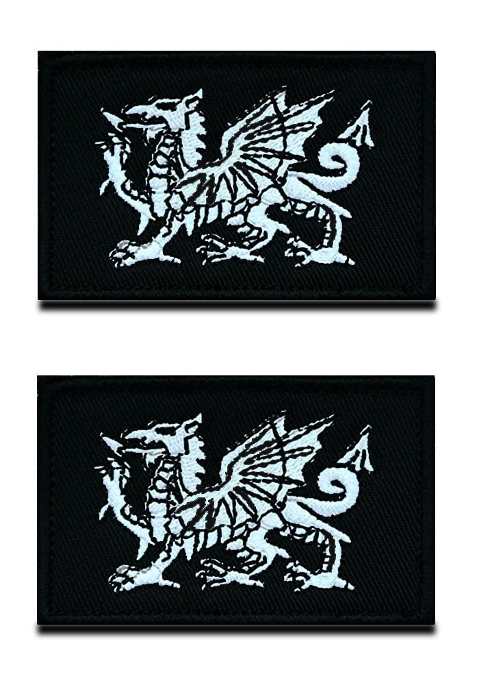 Zcketo 2 PCS United Kingdom British Union UK Wales Welsh Dragon Patch Hook and Loop Embroidered National Emblem Patch for Football Billiards Clothes Jersey Backpack Caps Travel Tactical(Black)