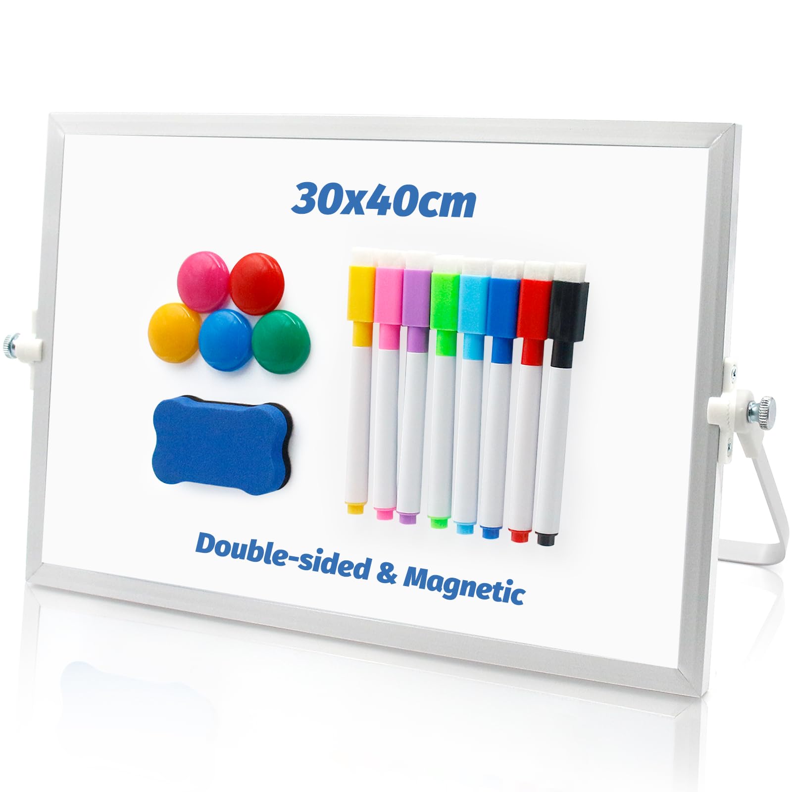 Magnetic Whiteboard, Desktop Whiteboard with Stand 30 x 40cm, A4 Mini Double Sided Whiteboards with 8 Pens, 1 Eraser, 5 Magnet, for Schools, Home and Offices