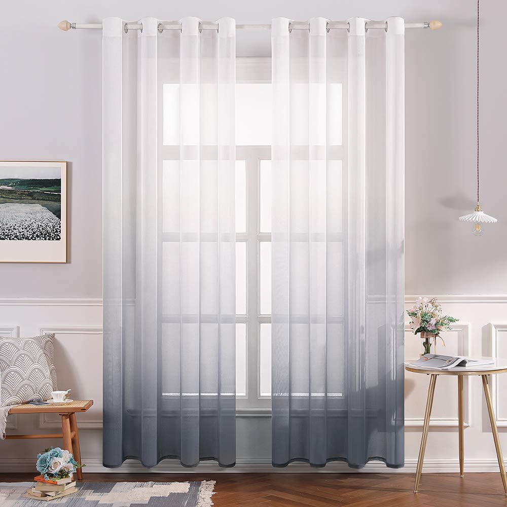 MIULEE Gradient Color Sheer Curtains Grommet Window Curtain Semi Voile Drapes Panels with Eyelets Elegant Modern Window Treatments for Livingroom Garden 2 Panels 55" Wx 102" L Grey