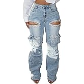 LETSVDO Women's Rhinestone Cargo Jeans High Waisted Wide Leg Baggy Sexy Ripped Cut Out Distressed Stretch Denim Pants