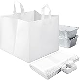 Bulyoou 50 Pcs Half Tray Catering Bags Take out Bags Bulk Catering Bag with Cardboard Bottom and Soft Loop Handles for Restaurant, Retail, Business