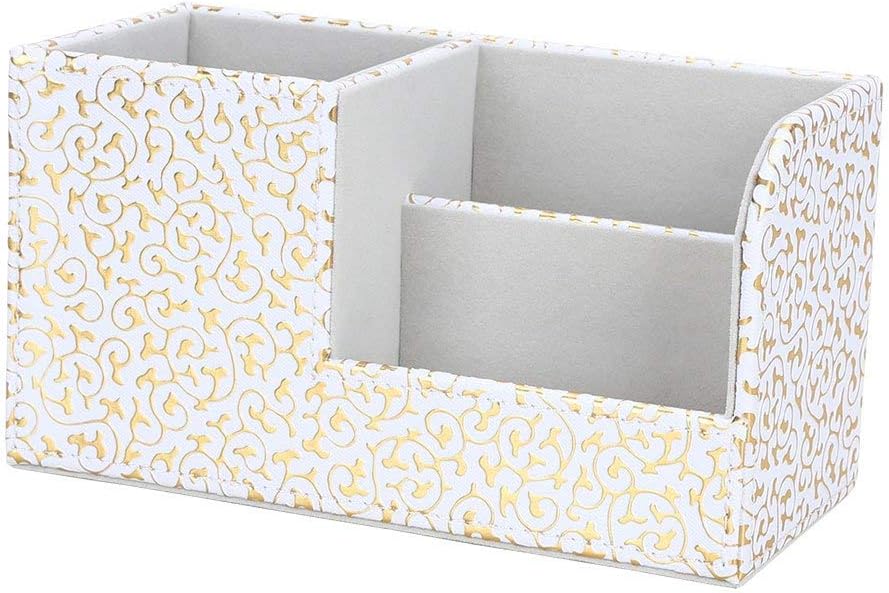 KINGFOM Leatherette Desk Organizer Pen/Pencil/Remote Control/Cell Phones/Brushes Holder Office Container Storage Box (S-Gold&White)