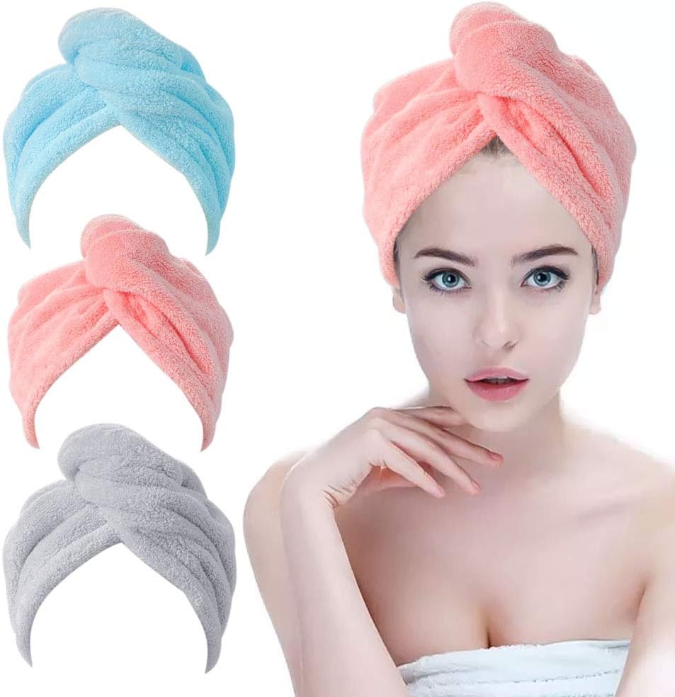 Microfiber Hair Towel with Button - pocova Original Magic Instant Hair Dry Wrap for Women Rapid Drying Hair Turban, 3 Pack Hair Care Cap for a Bath 3 Color (Blue Pink and Grey): Kitchen & Dining