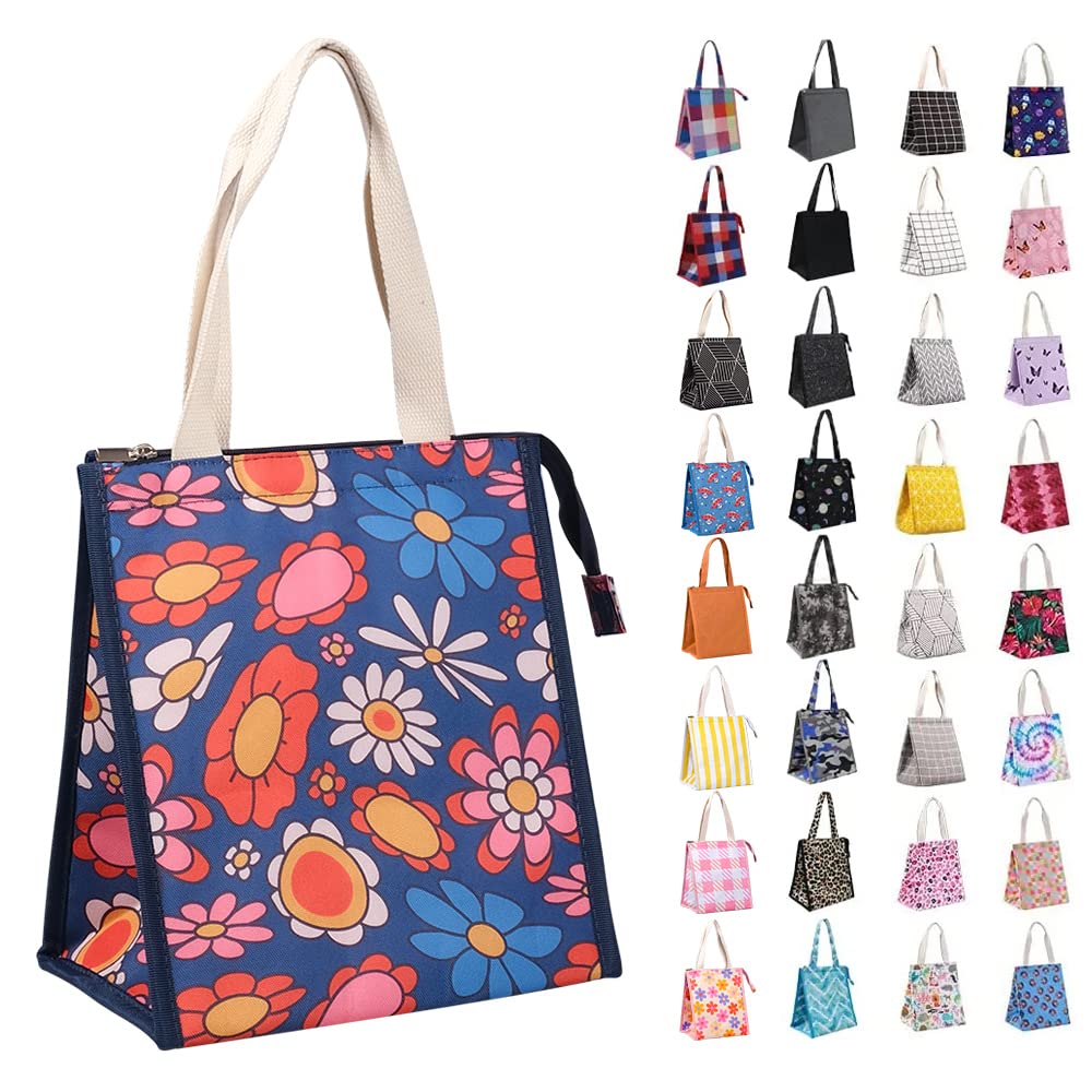iknoe Insulated Lunch Bag for Women, 9L Sturdy Wide-Open Foldable & Portable Lunch Tote with Interior Pockets, Water-Resistant Thermal Lunch Cooler for Adults Picnic Beach Blue Flower