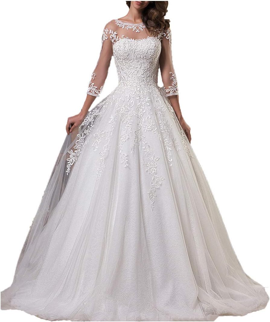 ShineGown Wedding Dresses for Bride Women Long Lace Ball Gown Bridal Dress with Sleeve
