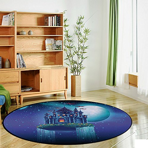 Printing Round Rug,Fantasy House Decor,Graphic of A Flying Medieval Castle on the Air Space with Waterfall and Moon Image Mat Non-Slip Soft Entrance Mat Door Floor Rug Area Rug For Chair Living Room,B - Thumbnail 2
