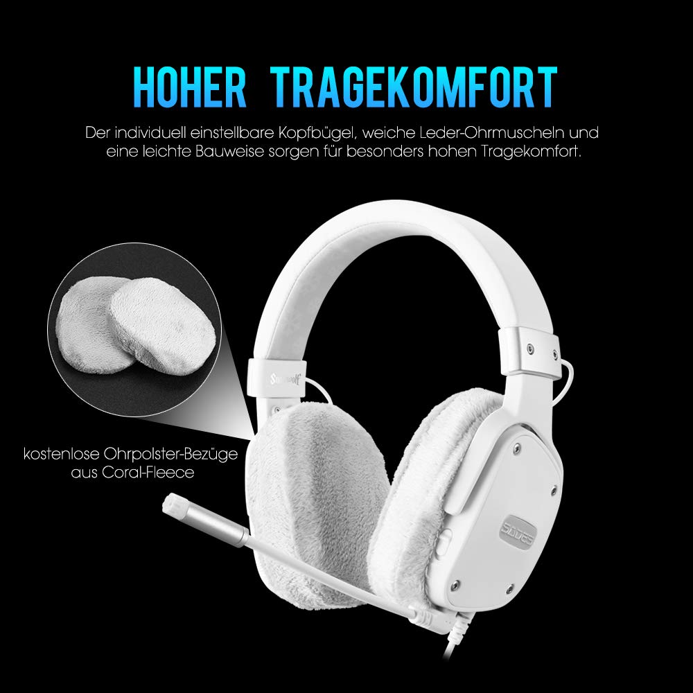SADES Gaming- Headset für PS4, Snowwolf, kabelgebundene Over-Ear-Gaming-Kopfhörer mit Stereo-Sound, 3,5 mm Klinke, abnehmenbares Mikrofon und Lautstärkeregelung, für PC, Tablet, Laptop