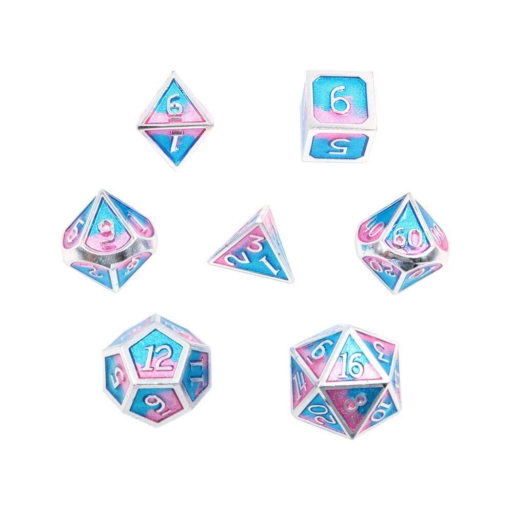 Fasizi 7PCS Metal Dice Set DND Game Polyhedral Solid Metal D&D Dice Set with Storage Bag and Zinc Alloy with Enamel for Role Playing Game Dungeons and Dragons (Double Color Mix Blue and Pink)