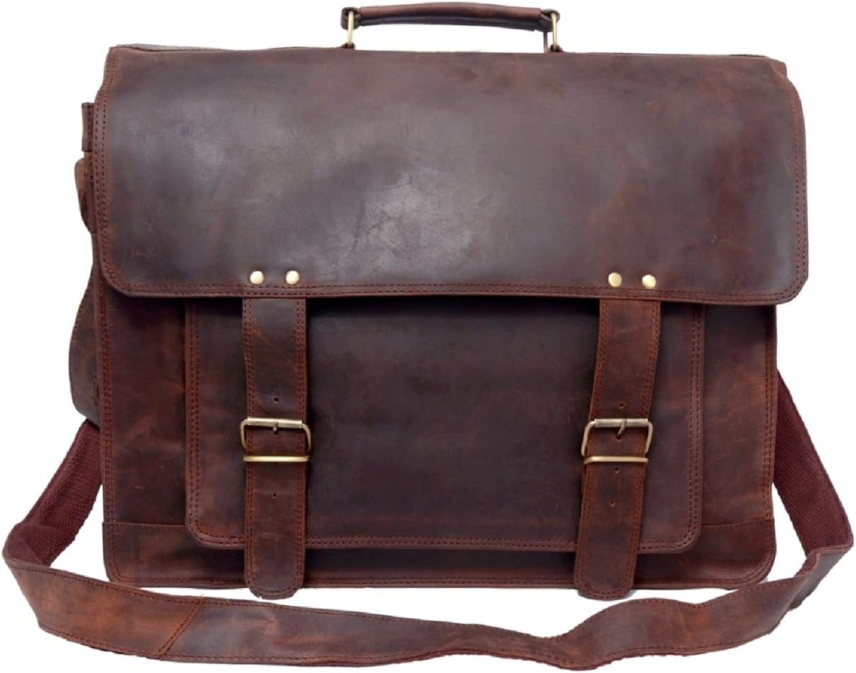 16 Inch Retro Buffalo Hunter Vintage Leather Laptop Messenger Bag Office Briefcase College Bag For Men and Women/Fits upto 15.6 Inch Laptop