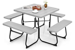 Tangkula 8 Person Picnic Table, Outdoor Square Picnic Table with 4 Built-in Benches, Umbrella Hole, Metal Frame & HDPE Tabletop, Outside Table and Bench Set for Backyard, 2300lbs Weight Capacity