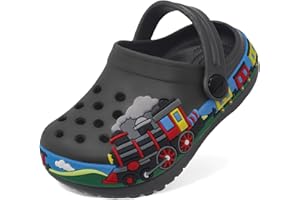 JEATHFEA Boys Girls Toddler Clogs Little Kids Slip on Slides Sandals Slippers Cute Cartoon Train Pattern Garden Clogs Summer Indoor Outdoor Beach Pool Water Shoes
