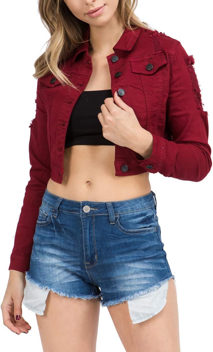 Women's Classic Basic Casual Destroyed Button Down Denim Cropped Jacket