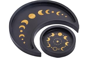 Mooncraftlogy Crescent Moon Tray Crystal Holder Set, Black Wooden Display for Stones Storage, Wicca Lunar Phases Organizer for Essential Oil Rocks, Altar Table Home
