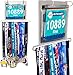 LISH Race Bib and Marathon Medal Display Rack - Wall Mounted Runners Medal Hanger Complete Set, Display up to 24 Medals and 20 Race Bibs, Includes 10 Free Flip Pouches (Silver)