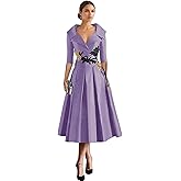 Long Sleeve Satin Mother of The Bride Dresses for Wedding Tea Length Formal Dress Lace Applique Prom Evening Gown