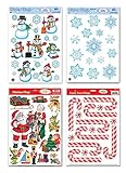 Christmas Window Cling Decorations - 4 Large Sheet Sets Featuring Santa, Snowmen, Snowflakes, Candy Canes and More