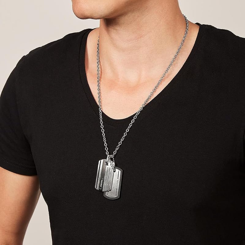 Colar fóssil para vestido masculino, colar prateado em aço inoxidável, jf00494998