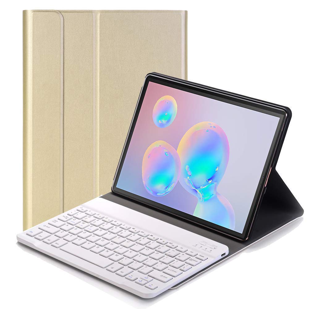 RLTech Keyboard Case for Samsung Galaxy Tab S6 - (QWERTY Layout), Ultra Slim Flip with Removable Wireless Keyboard Stand Case Cover for Samsung Galaxy Tab S6 SM-T865/860 2019, Gold