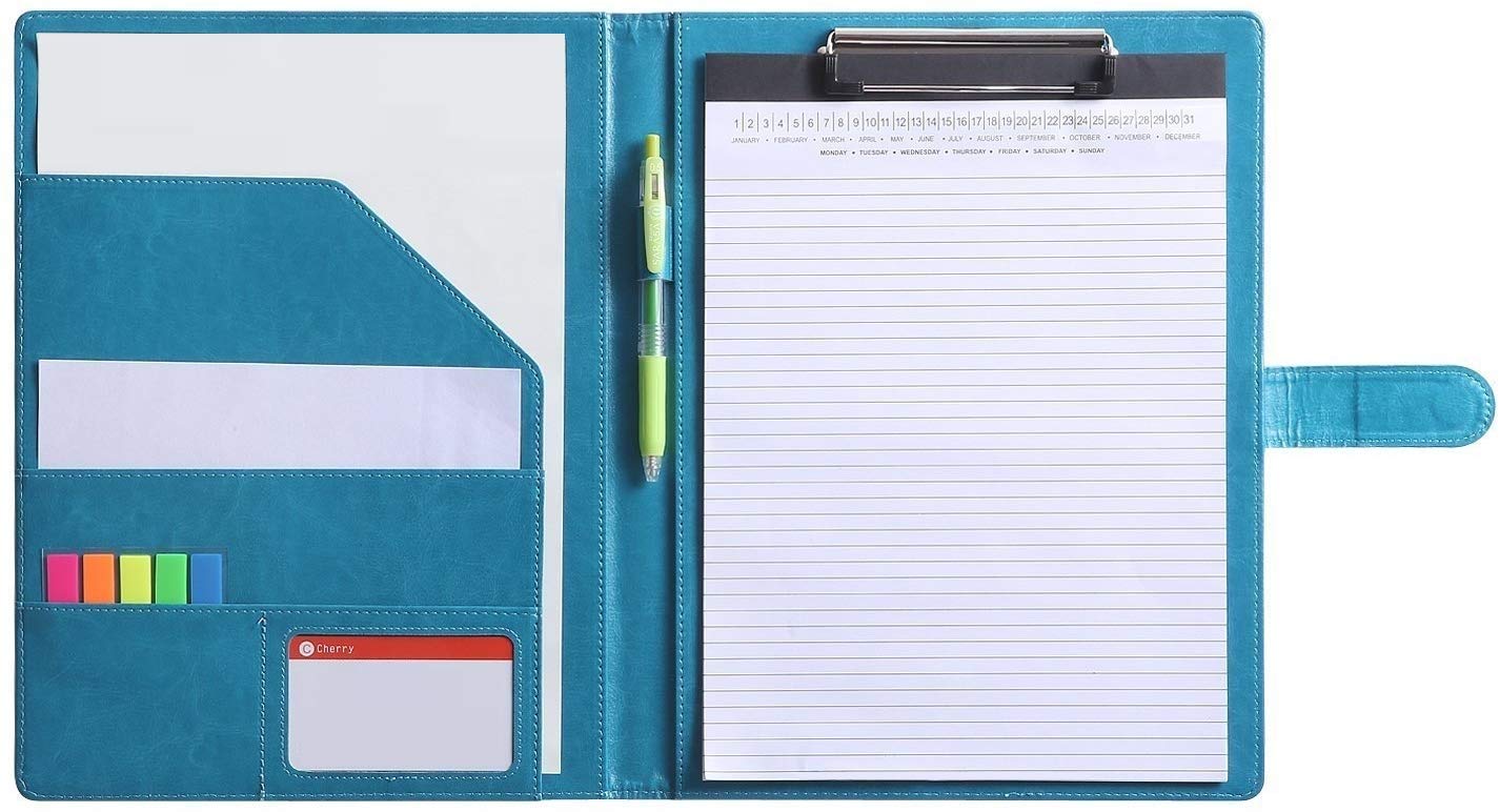 A4 Clipboard Folder with Storage Document Pen Holder, Writing Pad Organizer Clip Board CV Faux Leather Folder Foldover Folio (Turquoise)