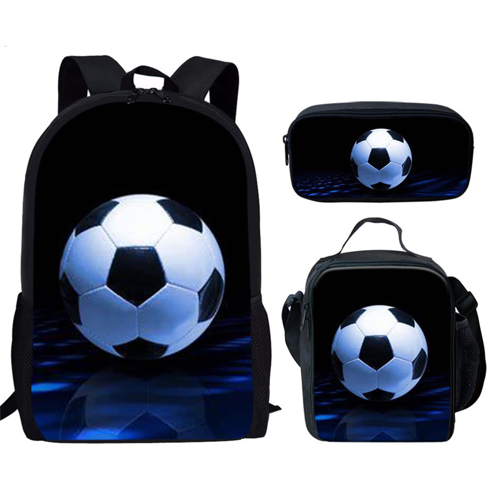SCRAWLGOD Football Print Backpack Set for Teen Boys School Book bag with Lunch Box Pen Case 3 in 1