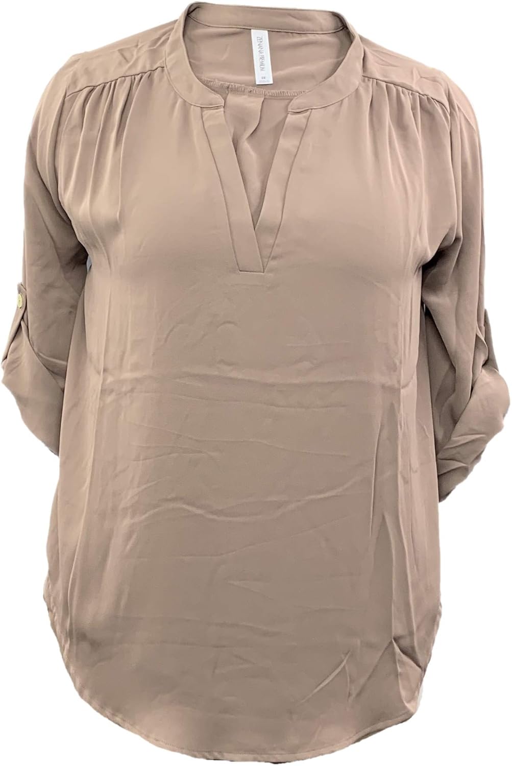 Zenana Premium 3X Mocha Chiffon RollTab Sleeve High/Low Hem Blouse